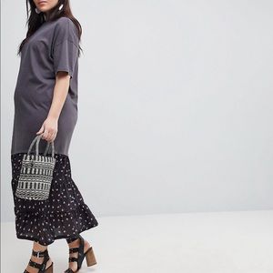 Oil wash tshirt maxi dress with woven hem